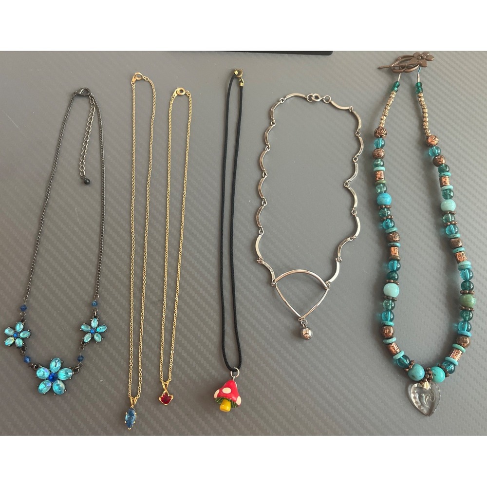 Lot of 6 Mix Pendant & Beaded Necklaces Mushroom Gold & Silver Tone Costume